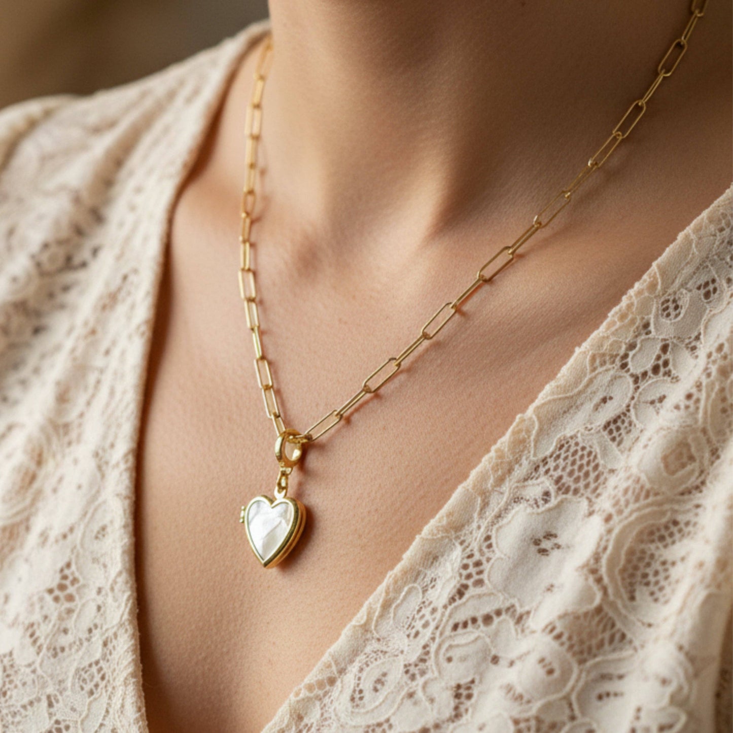 Heart-Shaped Mother of Pearl Locket Clip Charm