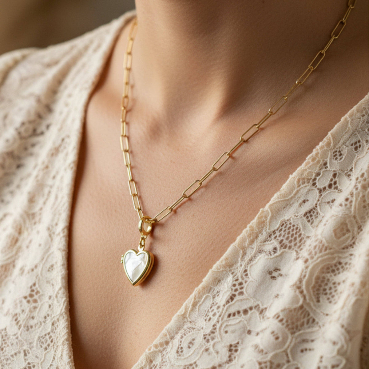 Heart-Shaped Mother of Pearl Locket Clip Charm