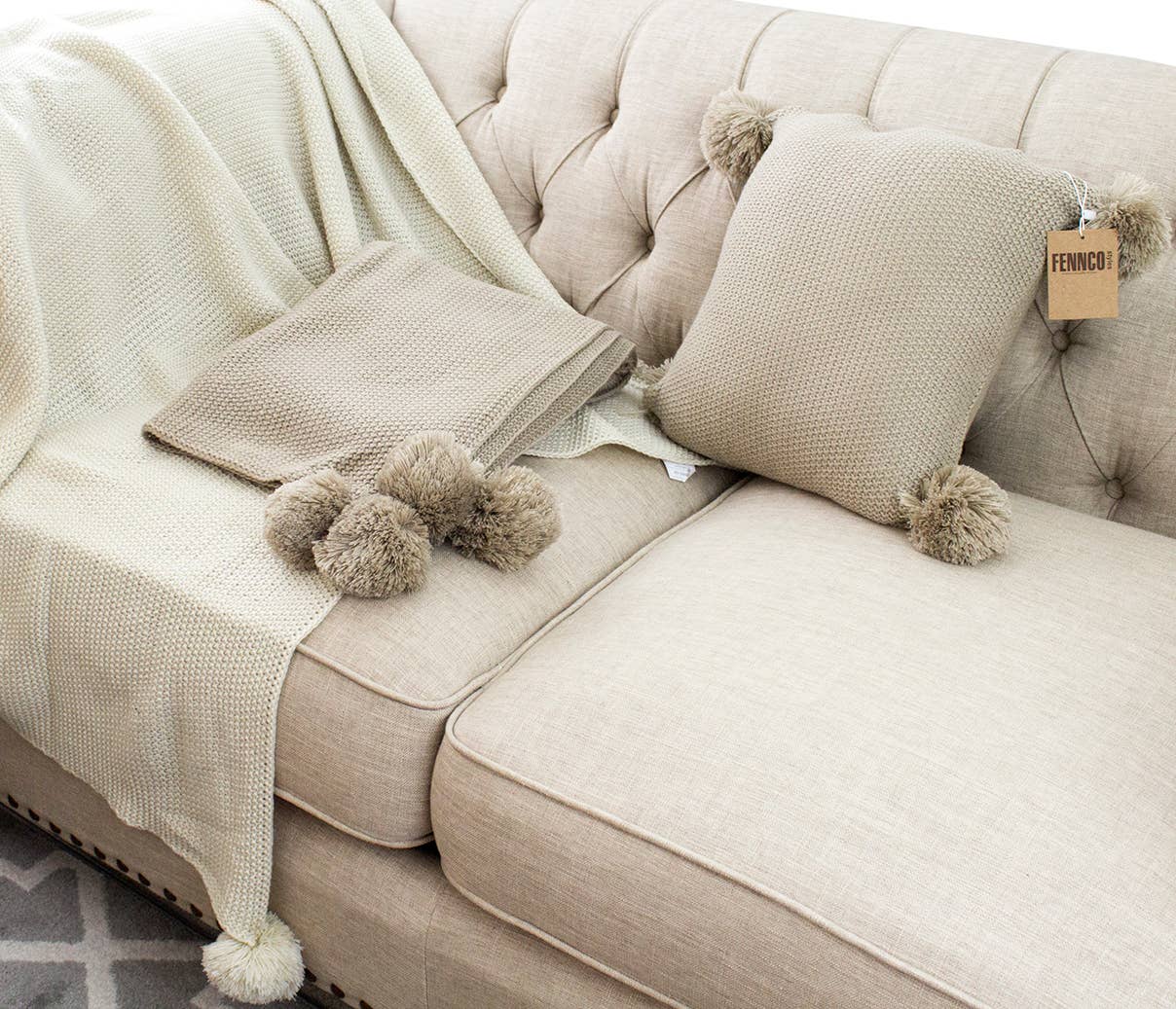 Natural Chunky Knit Pom Pom Throw Blanket