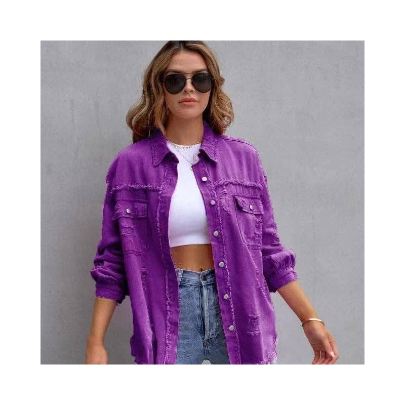 Mid-Length Solid Color Distressed Denim Jacket