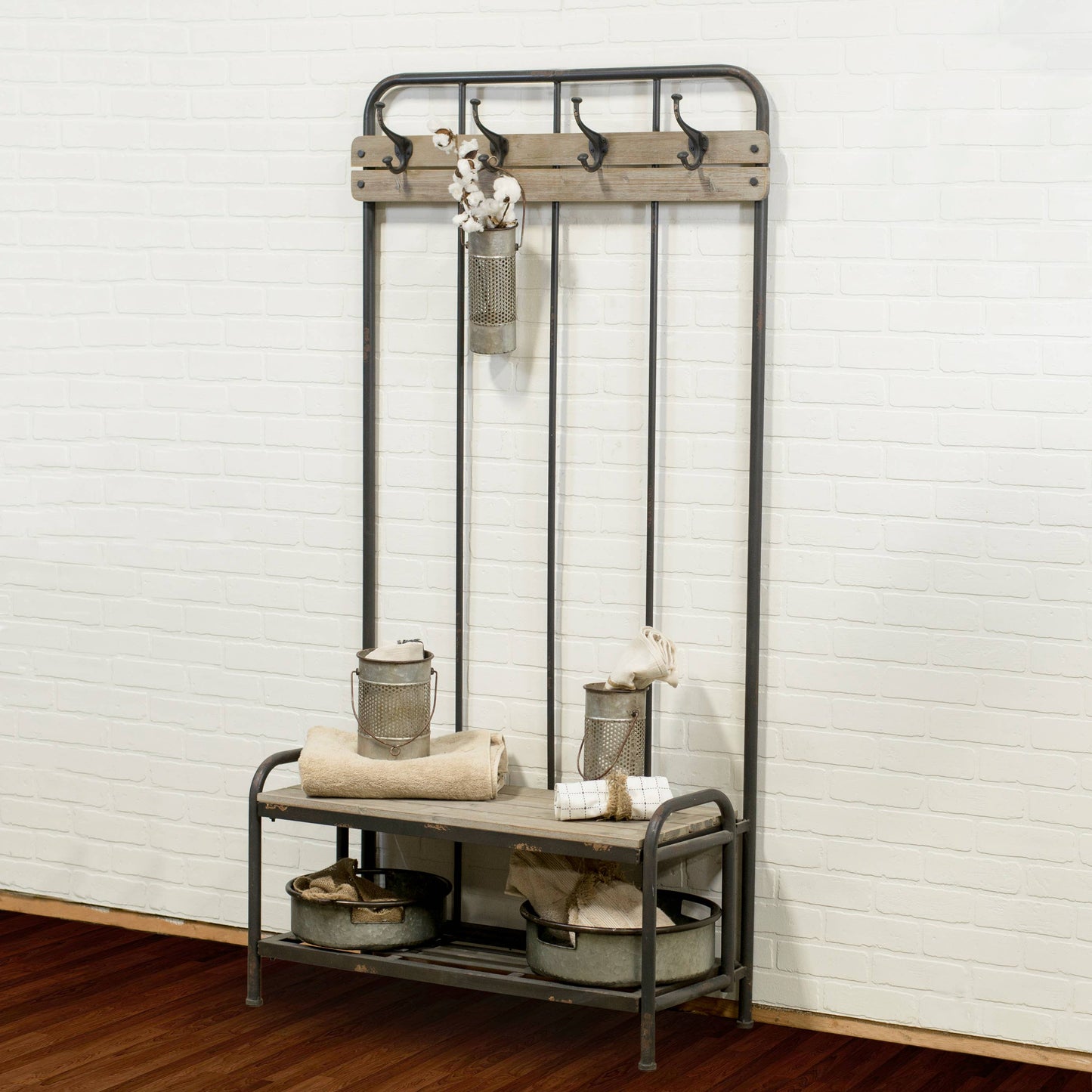 Metal and Wood Bench With Hooks Hall Tree