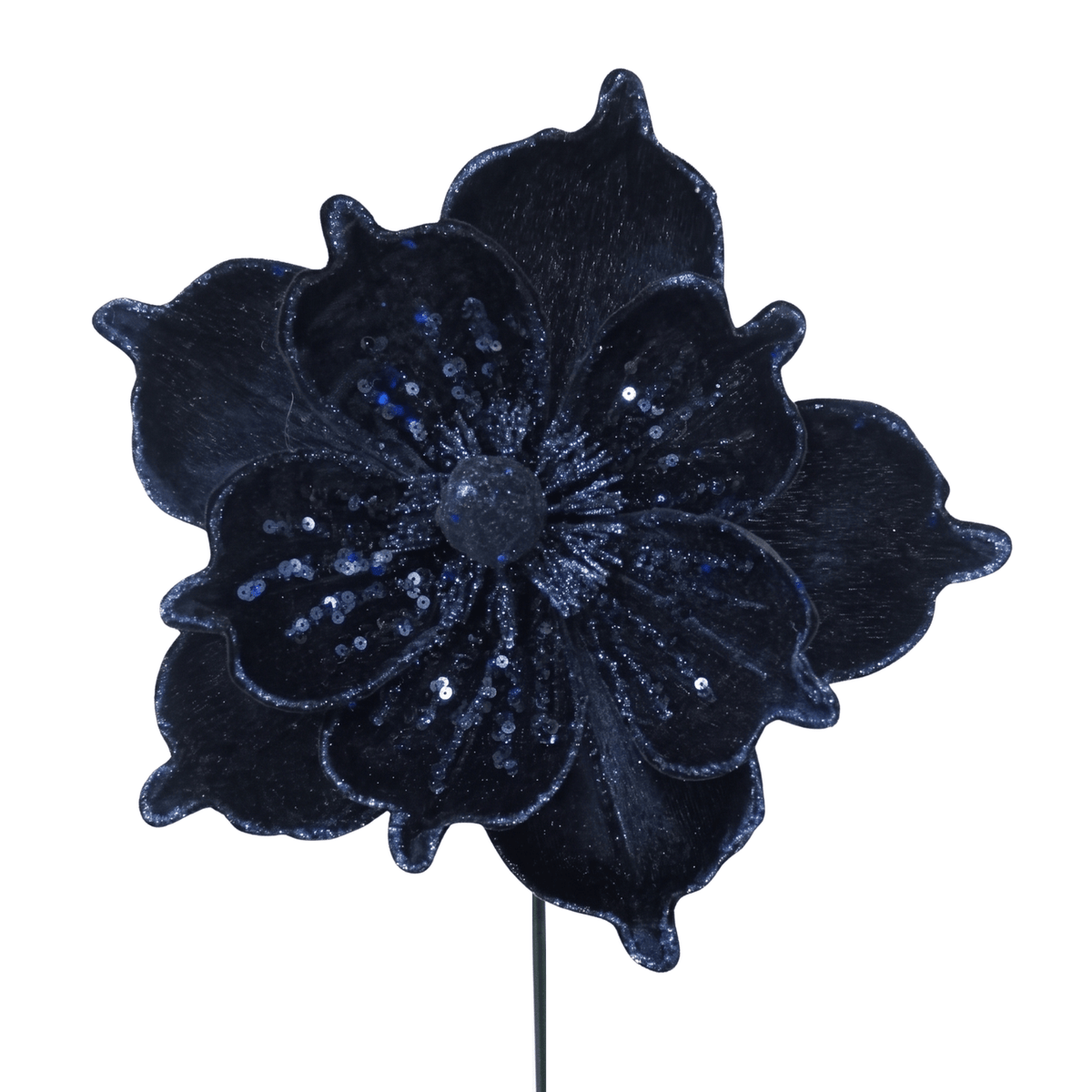 Navy Velvet Magnolia Stem w/ Blue Sequins Dia 9”