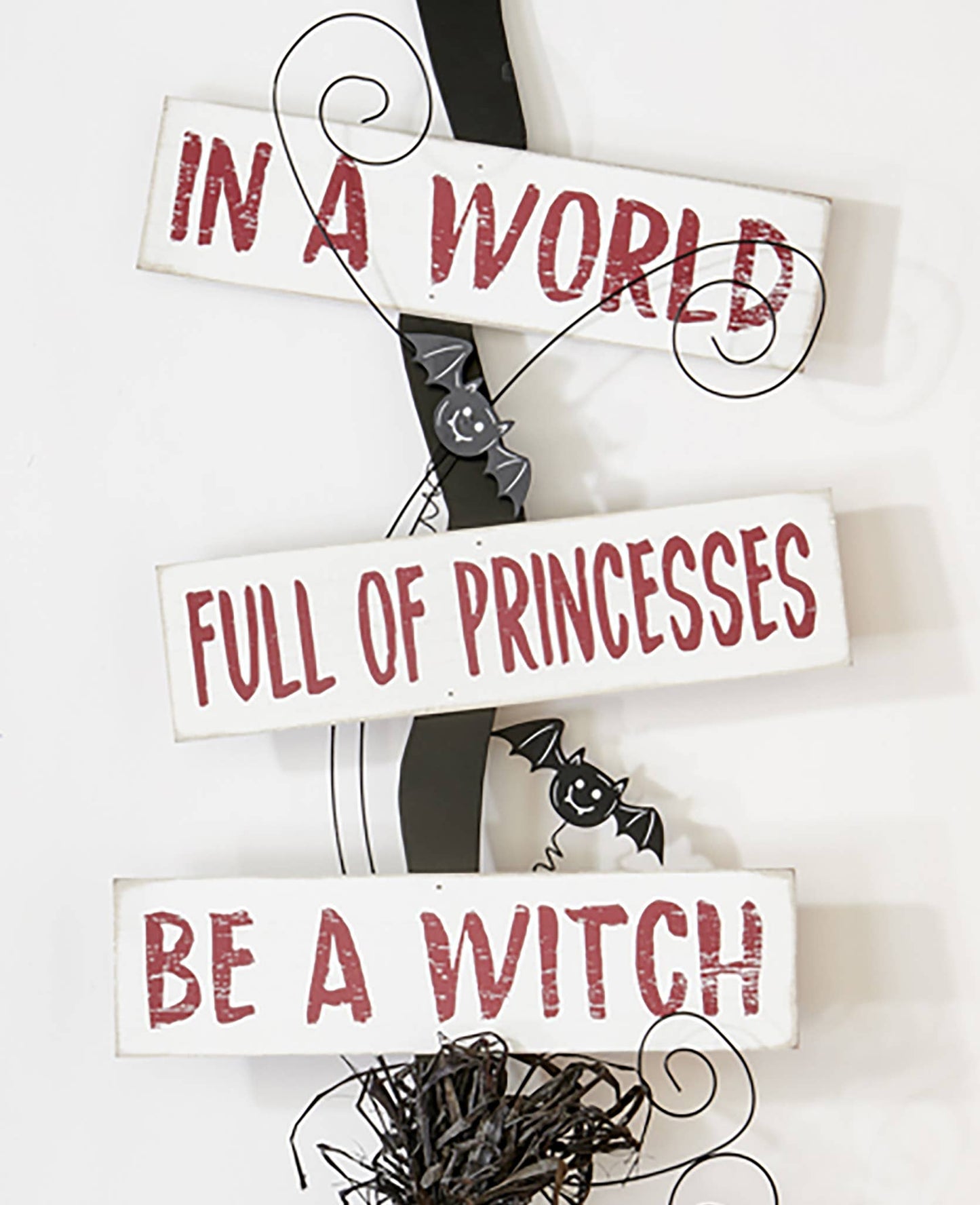 32" Floor Standing Halloween Witch Broom Wood Entry Sign