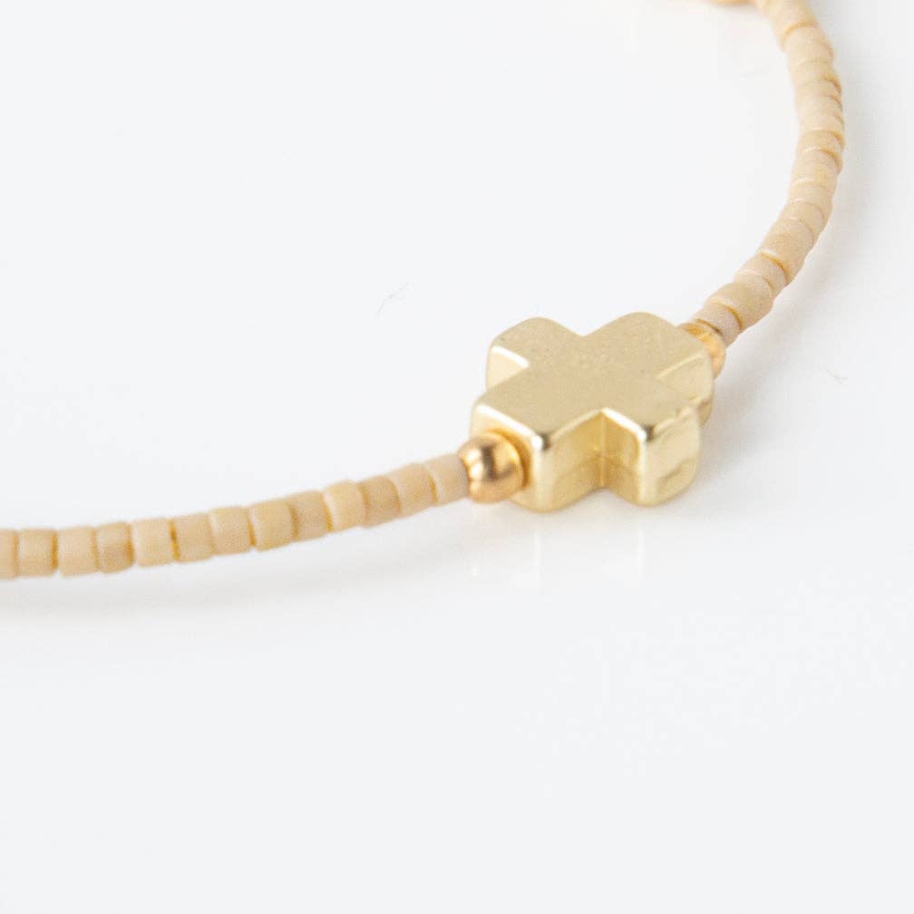 Faithful Beaded Cross Bangle w/ Matte Gold Crosses-Latte