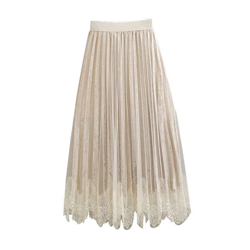 Lace Patchwork Pleated Velvet Midi Skirt