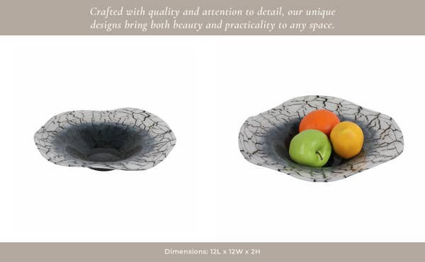 Decorative Bowl - Black Glass Cracked Veining, 12 in.