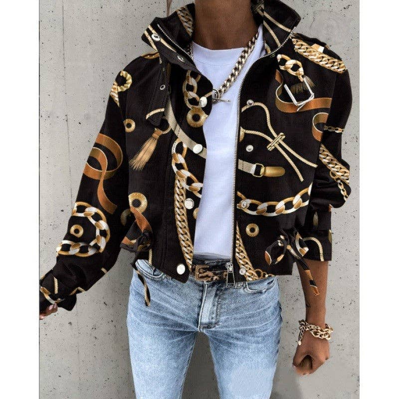 Printed Zip-Up Drawstring Short Jacket