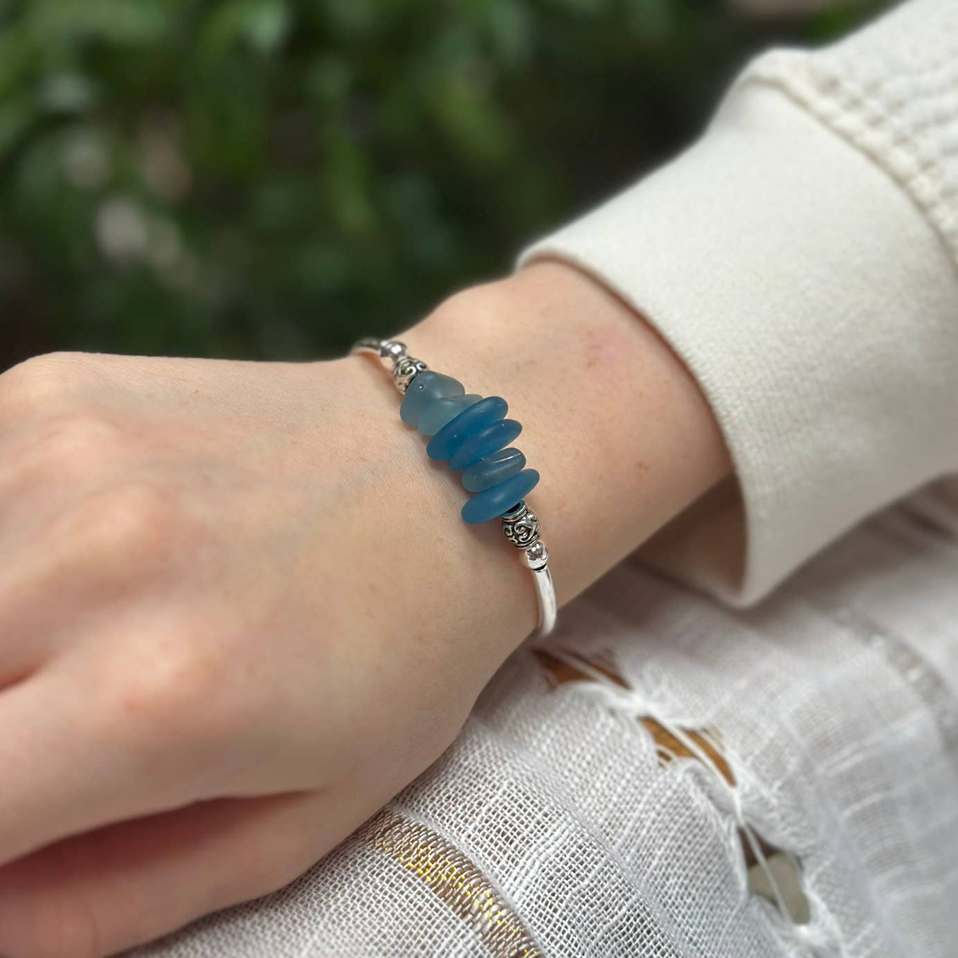 Ocean Blue Sea Glass Nuggets Single Bracelet