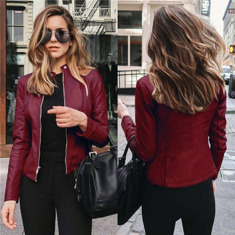 Fashionable Solid Color PU Leather Suit Jacket