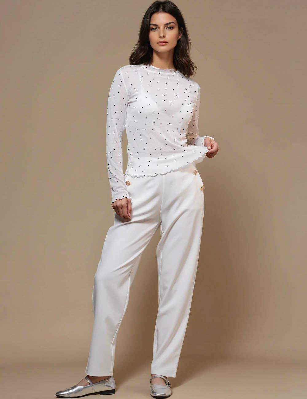 Ladies Dot Print See Sheer Layring Top SKT50744