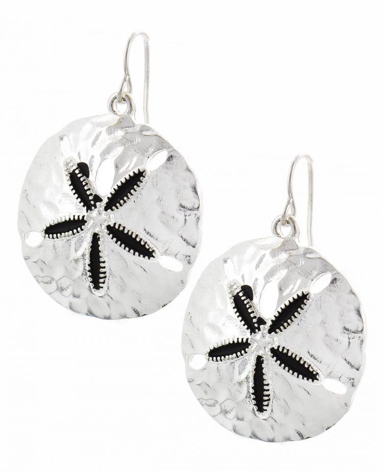 FR3001 Antique Silver Sand Dollar Hammered Metal Earrings