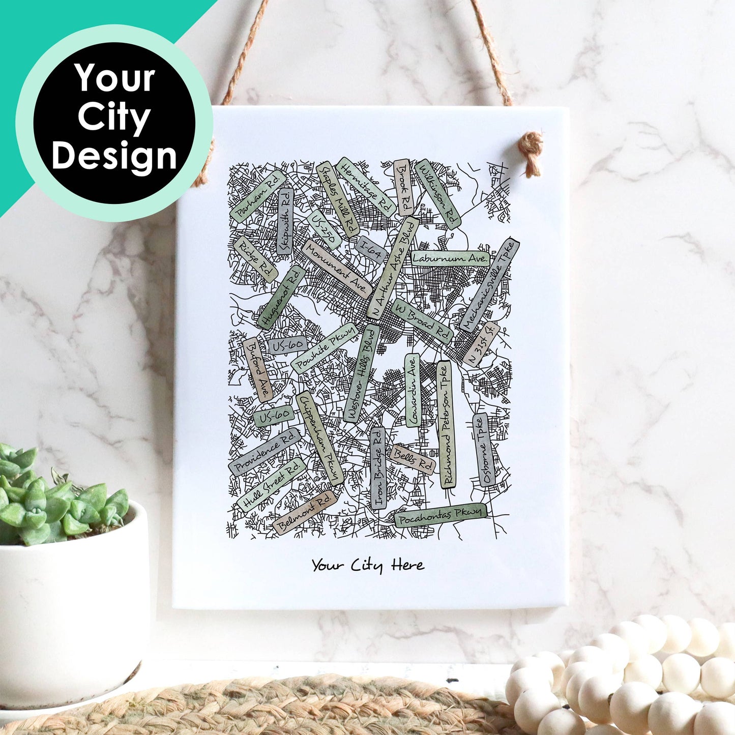 City Street Map Tile Sign - Rectangle - Custom Order