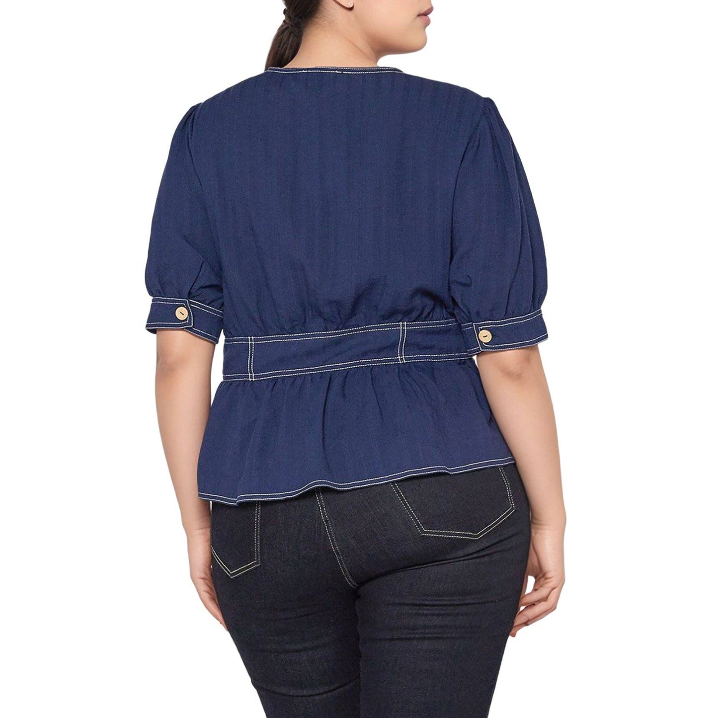 Nurode's Plus Size Puff Shoulder Button Front Peplum Top