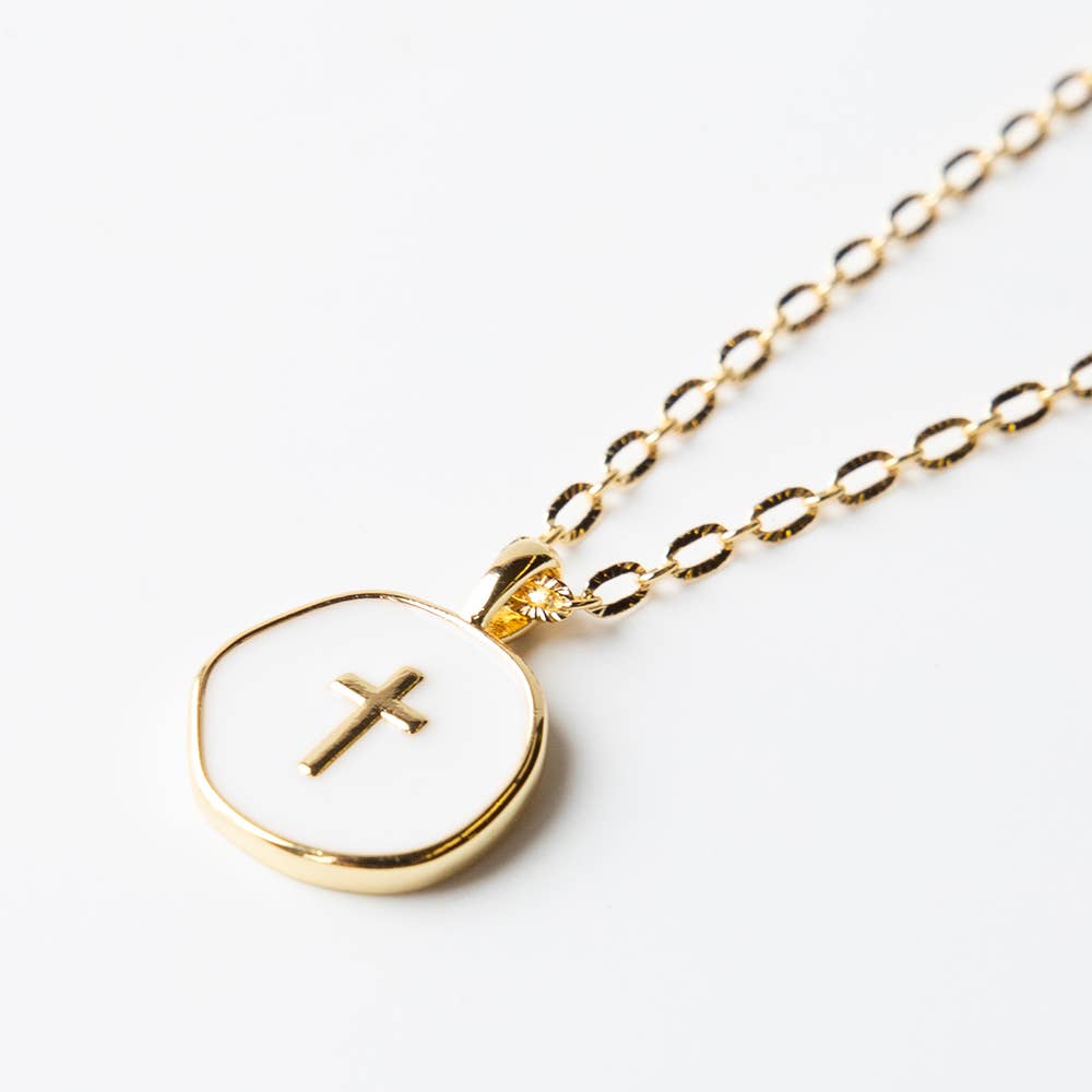 Faith Over Fear White Enamel Cross Pendant on Gold Chain