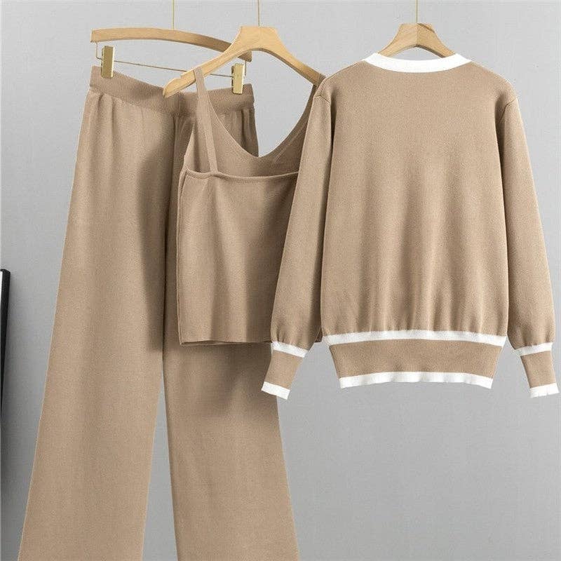 Knit Cardigan Camisole Wide Leg Pants Three-Piece Set