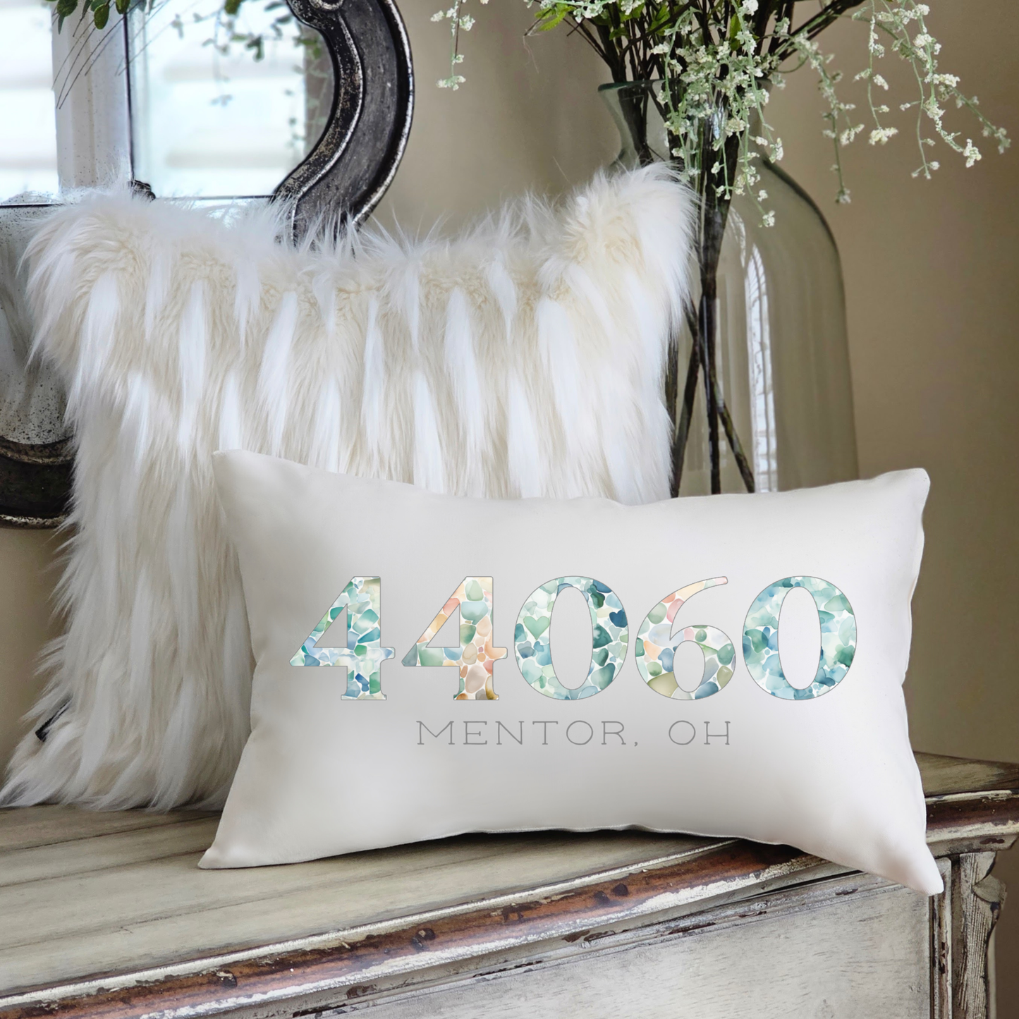 Sea Glass Beach Zip Code Lumbar Coastal Throw Pillow