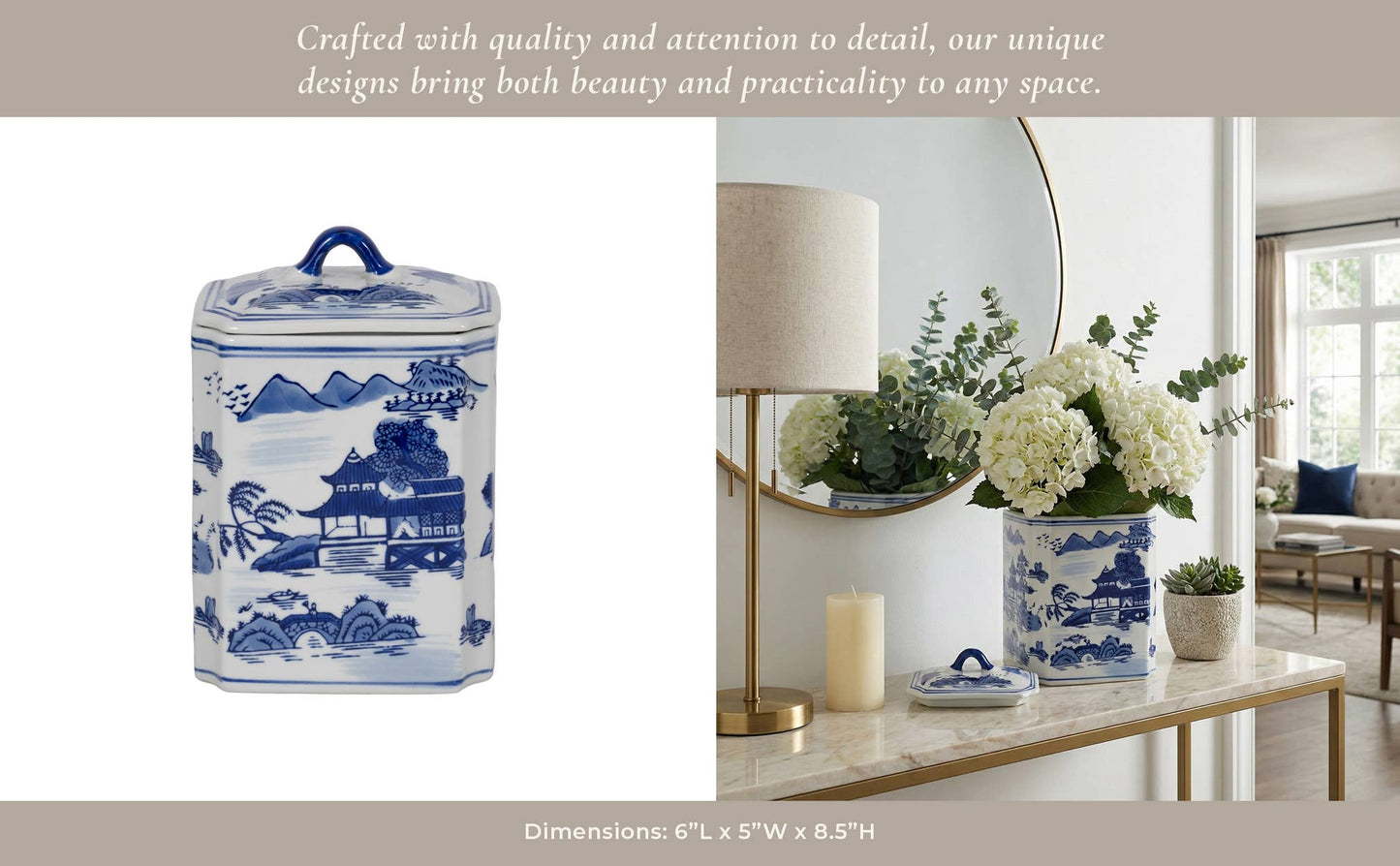 Decorative Jar - Blue Ceramic Rectangular Lidded, 9 in.