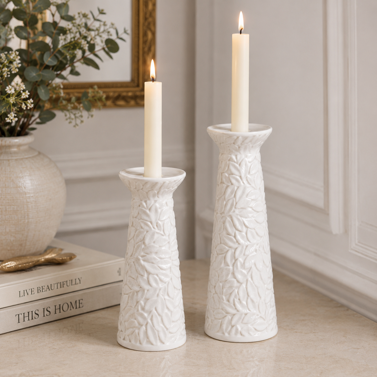 9" White Embossed Leaf Candlestick Holder