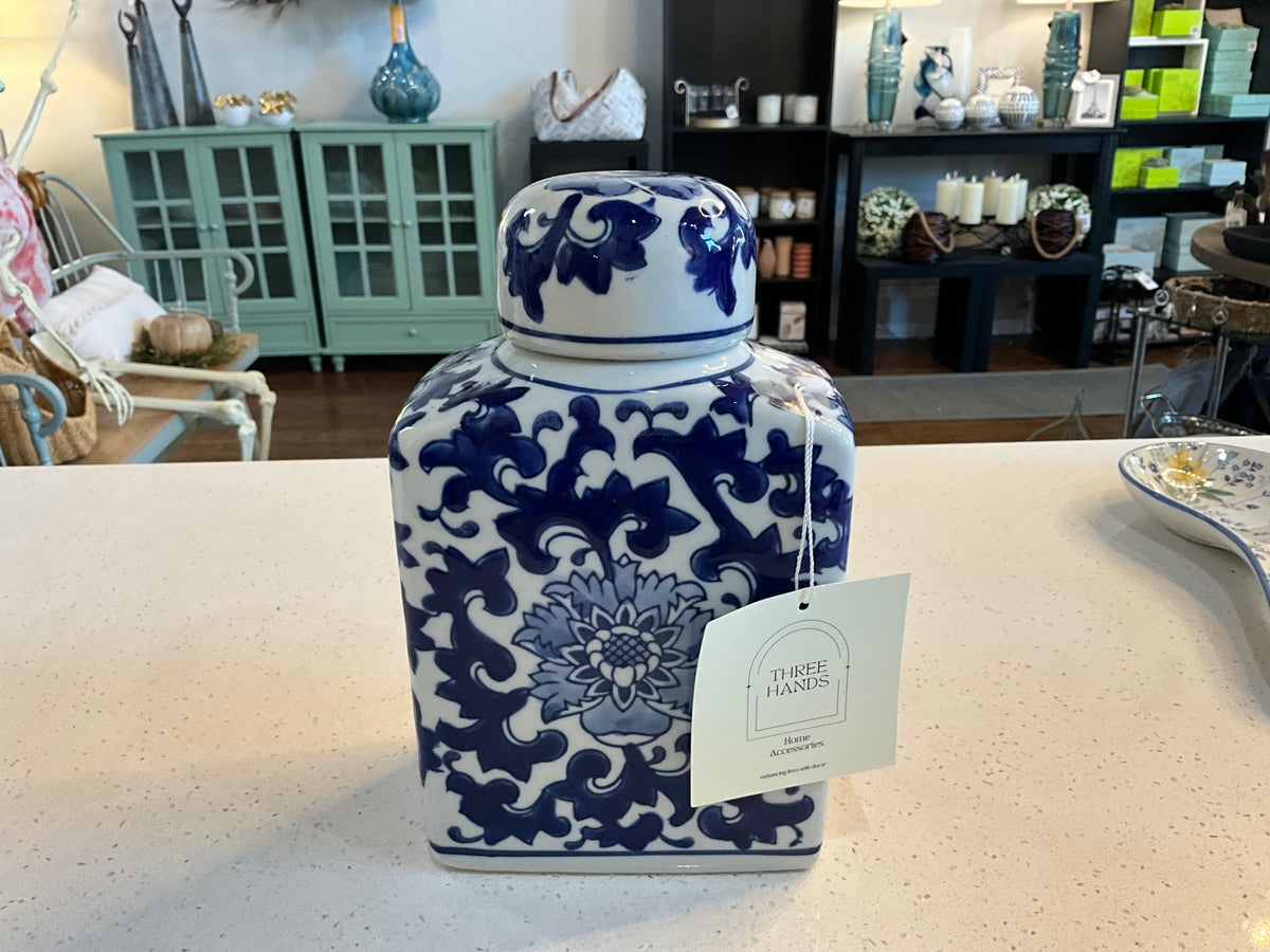 Decorative Jar - Blue Ceramic Rectangular Lidded, 9 in.