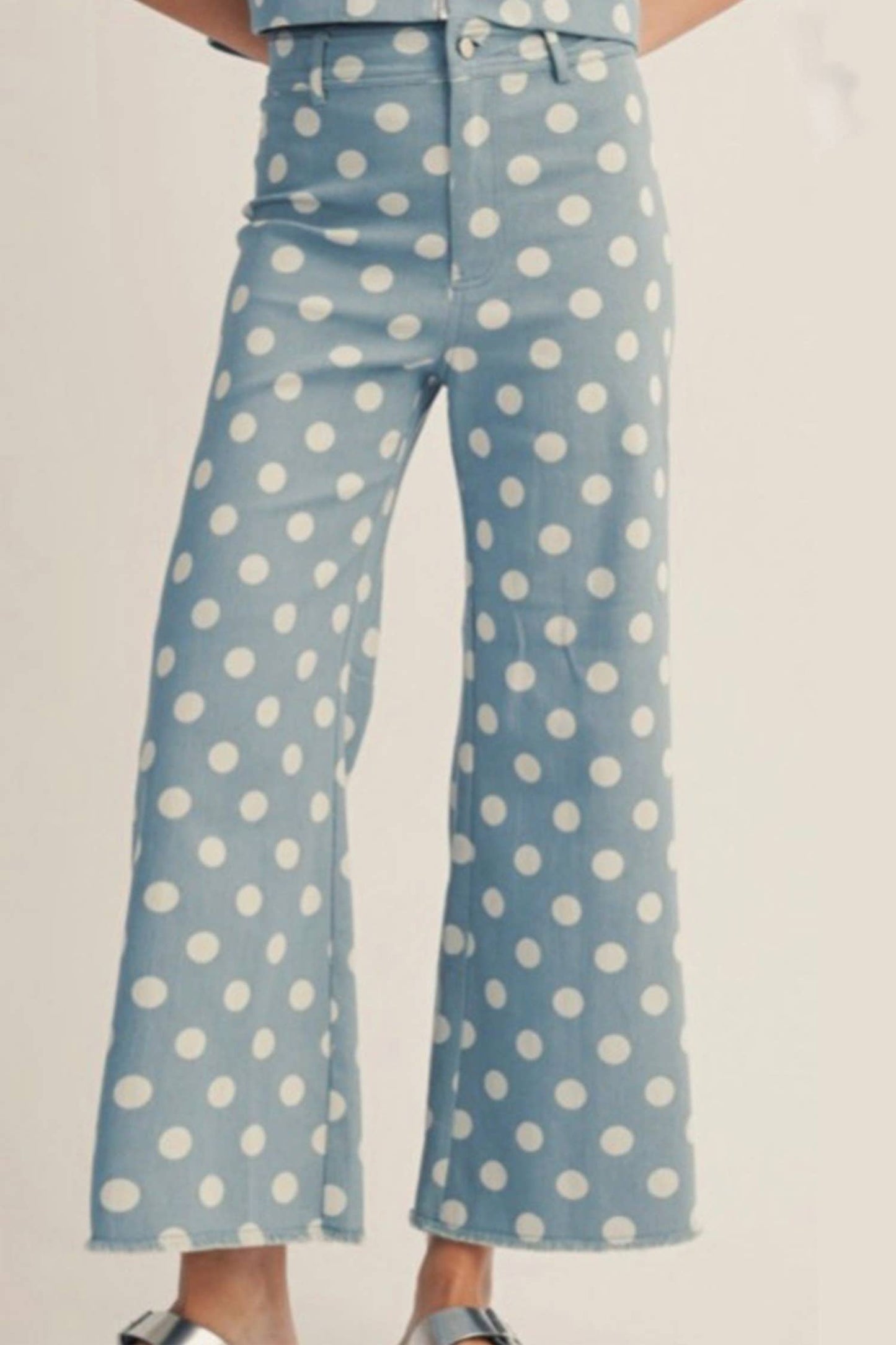 Polka Dot Frayed Edge Wide Leg High Waist Jeans