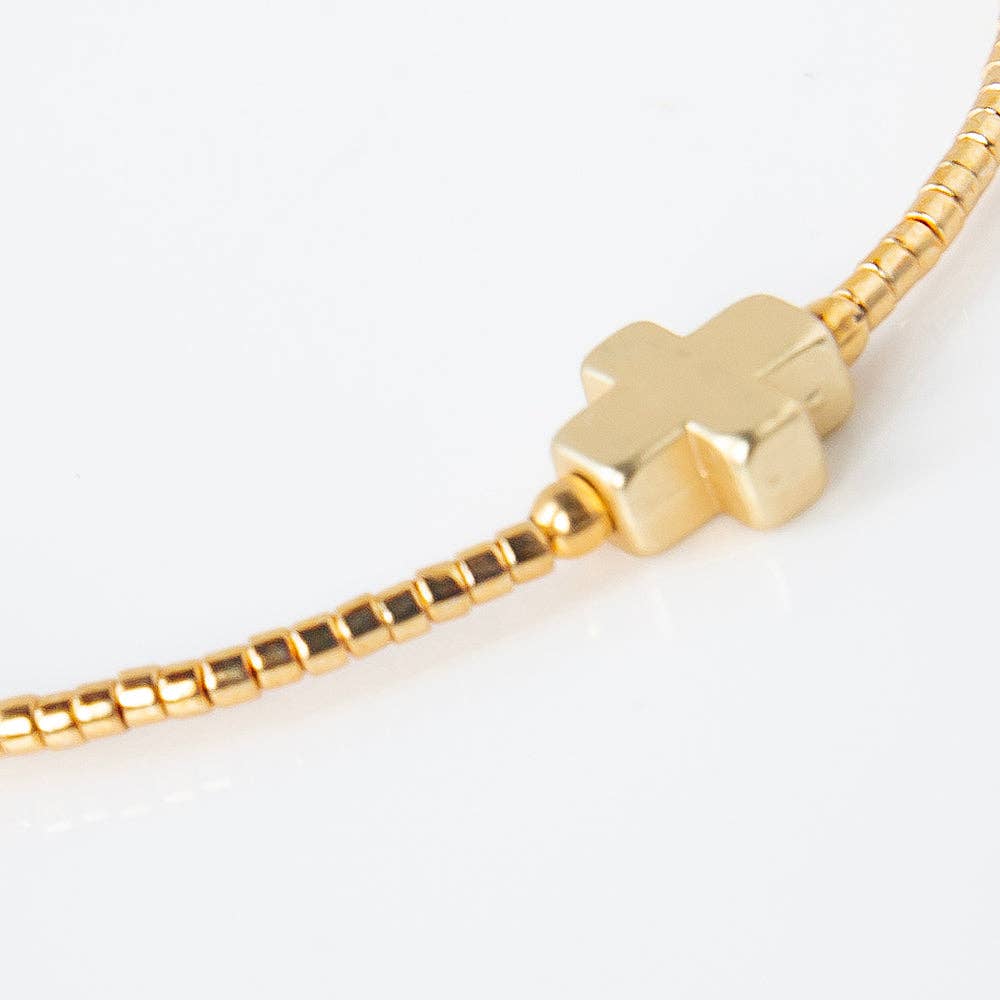 Faithful Beaded Cross Bangle w/ Matte Gold Crosses-Gold
