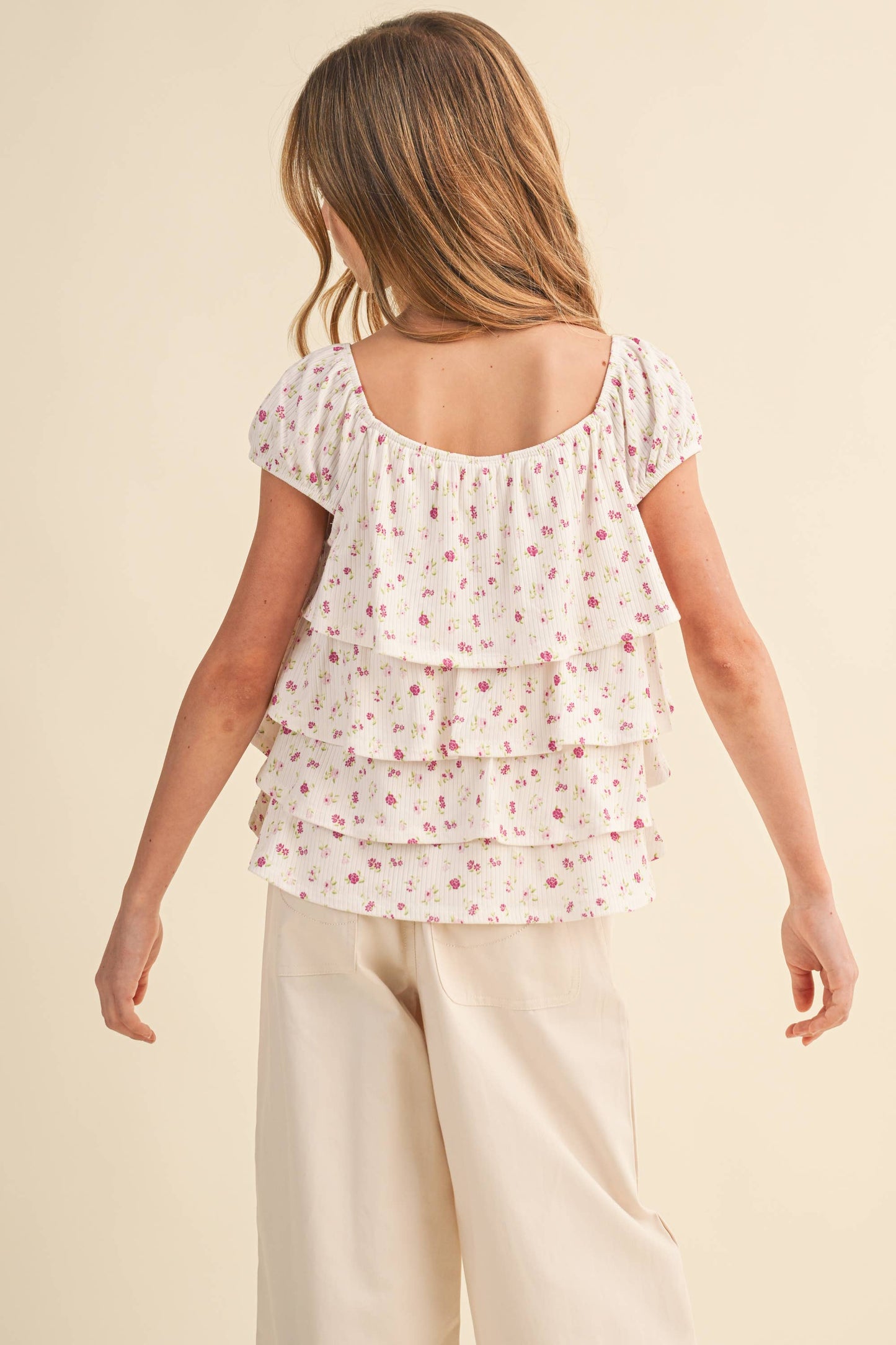 TWEEN KIDS GIRLS RUCHED SHOULDER RUFFLE CROPPED TOP (7-14)