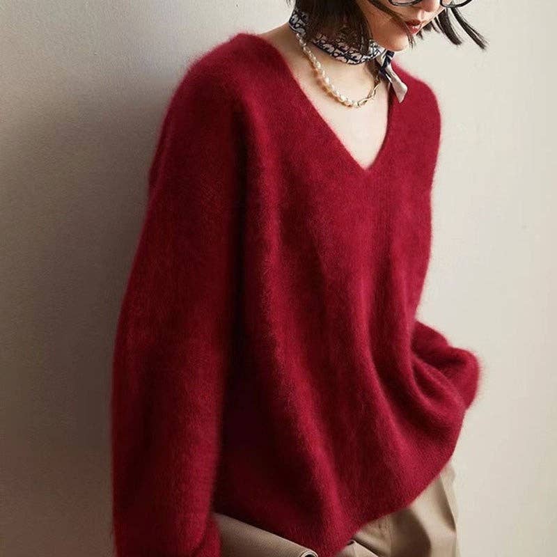 Loose V-Neck Cashmere-Like Sweater