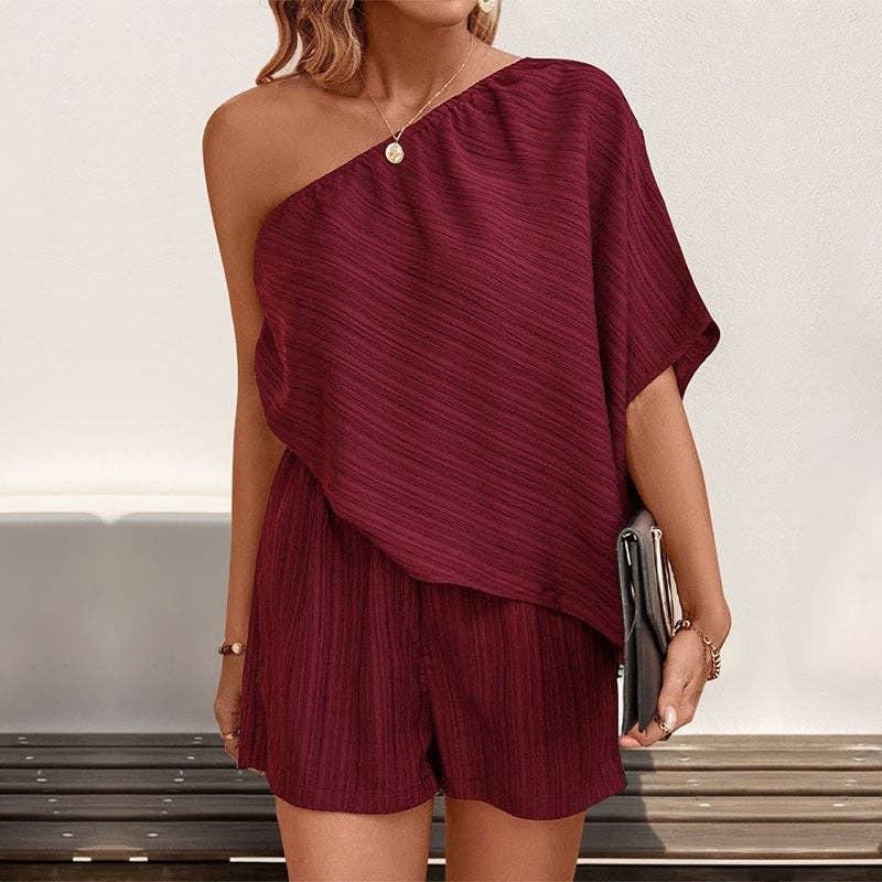 Off-Shoulder Pure Color Jumpsuit With Textured Fabric