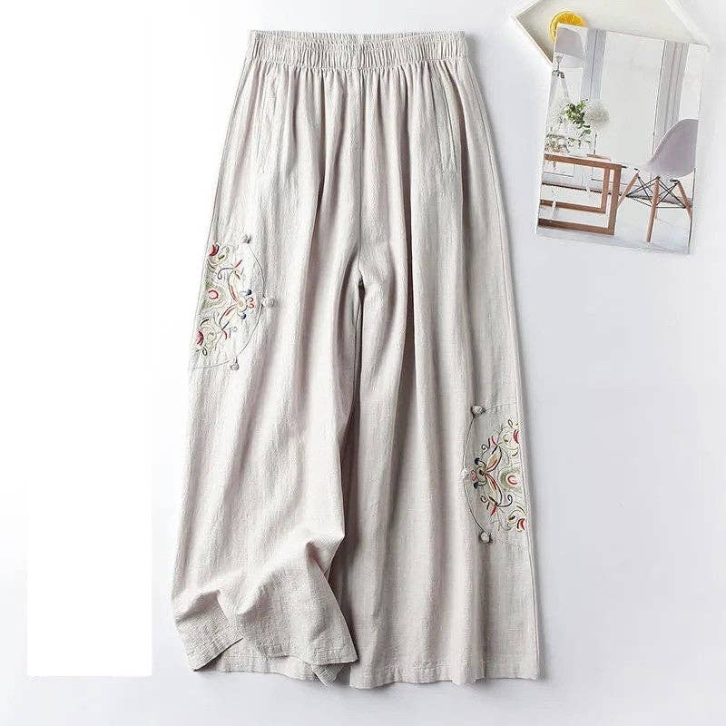 Vintage Embroidered Wide-Leg Cropped Pants