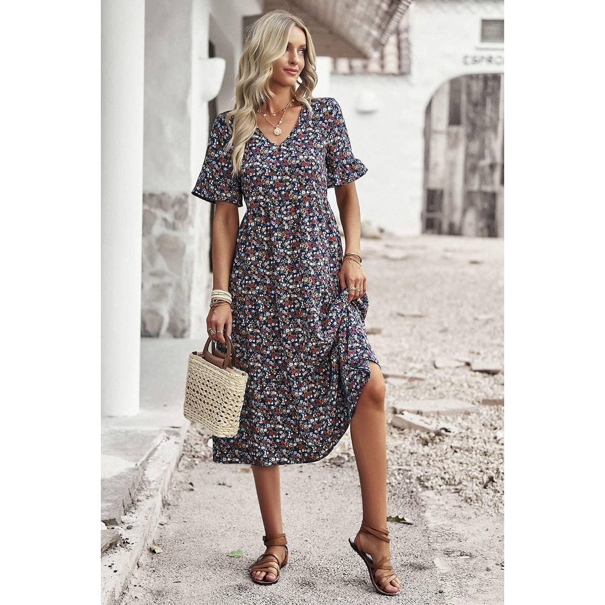 Floral Print Fit Ruffle Sleeve Midi Dress