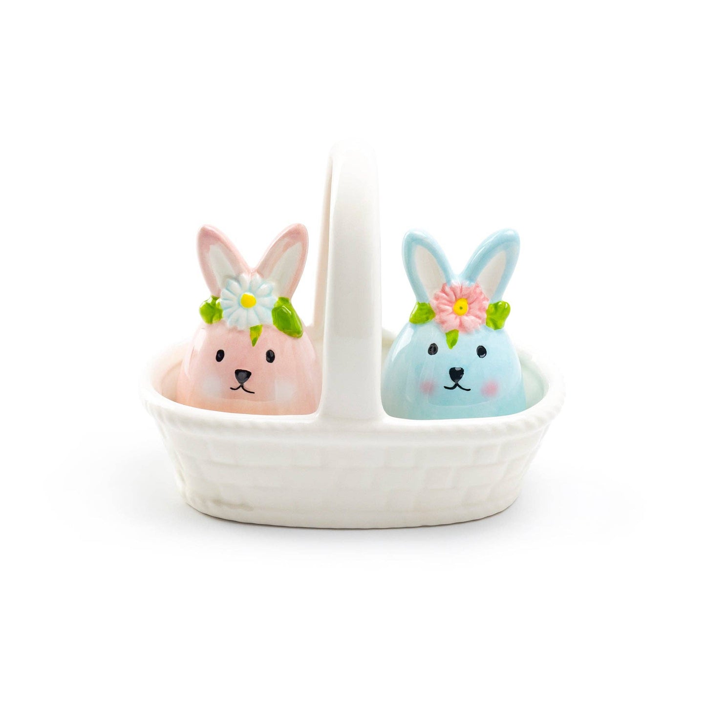 Pink and Blue Egg Bunnies with White Basket Ceramic Salt and Pepper Shaker Set