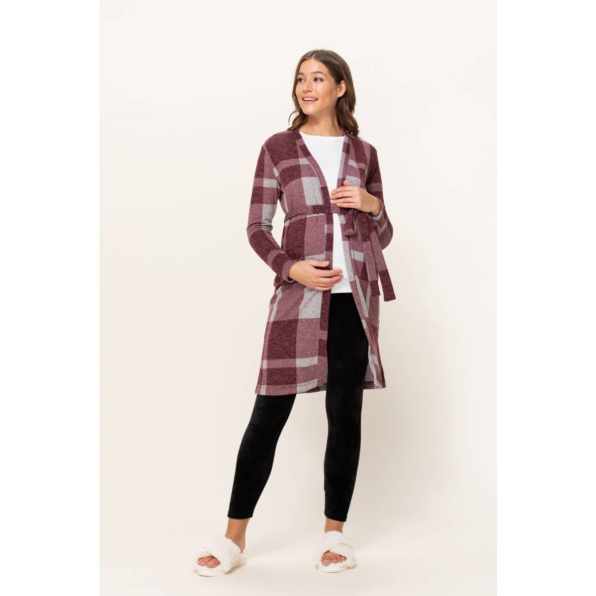 Plaid Maternity Knit Cardigan with Tie Belt