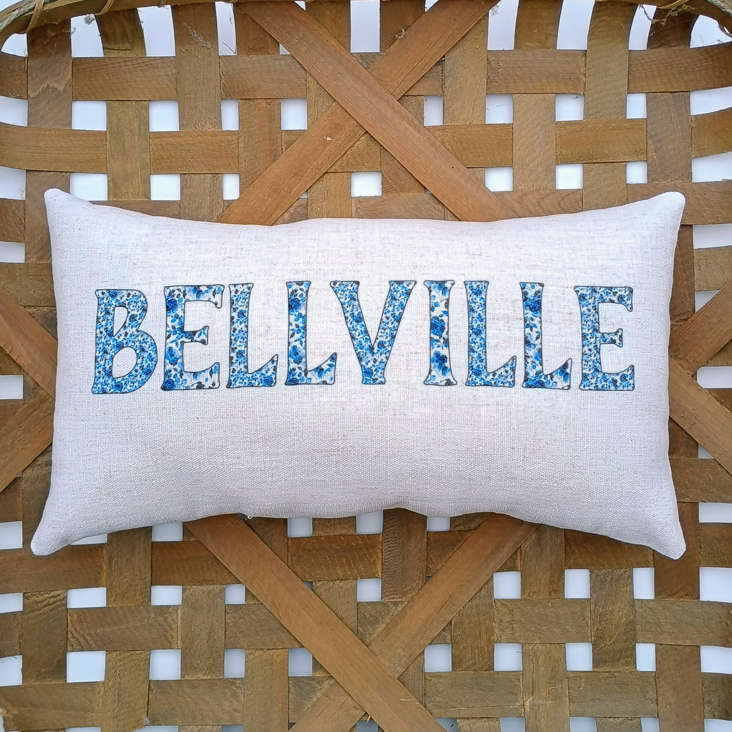 Chinoiserie Blue and White Floral Town Name Lumbar Pillow