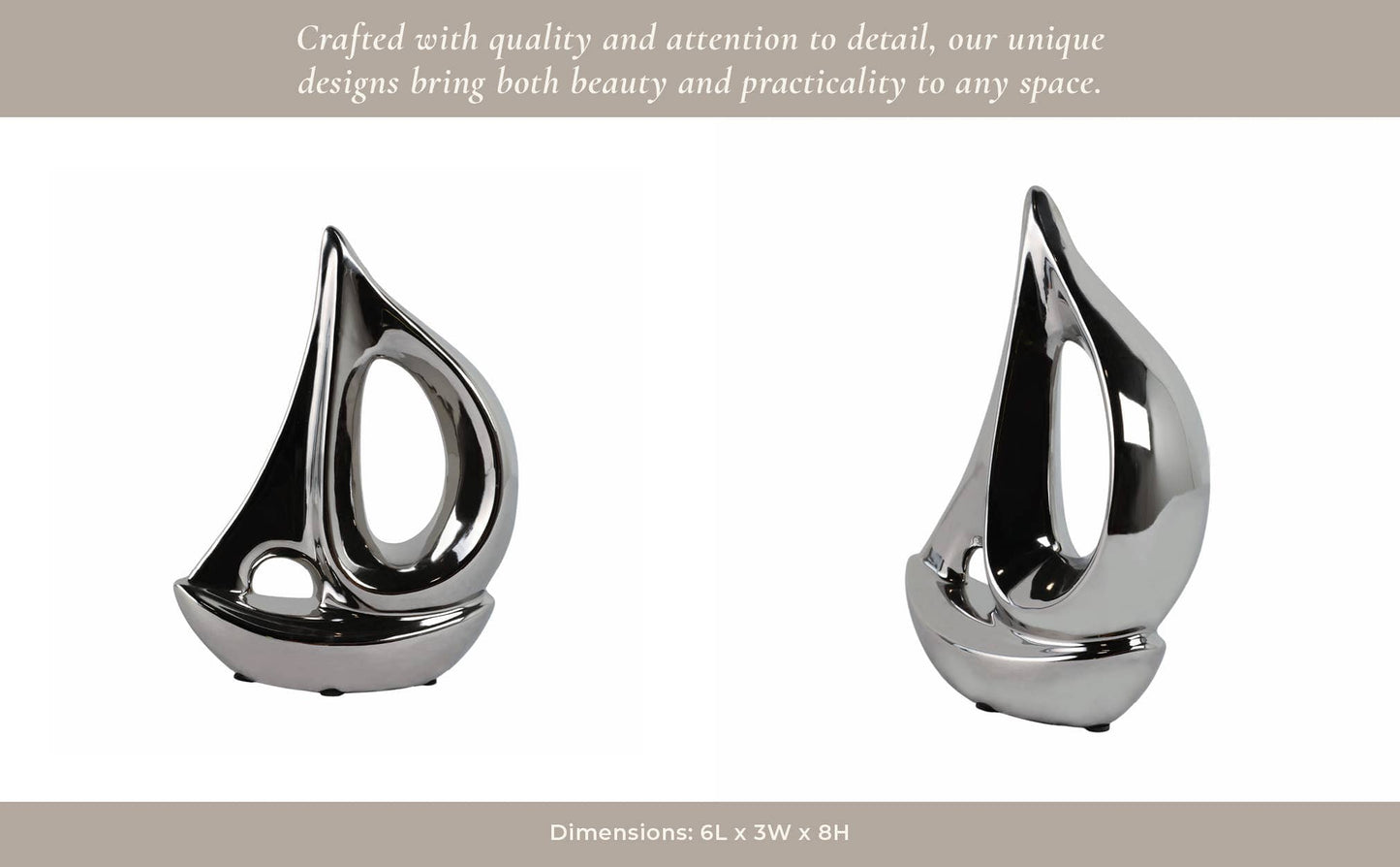 Ceramic Coastal Sailboat Sculpture Decor - Silver, 8 in.