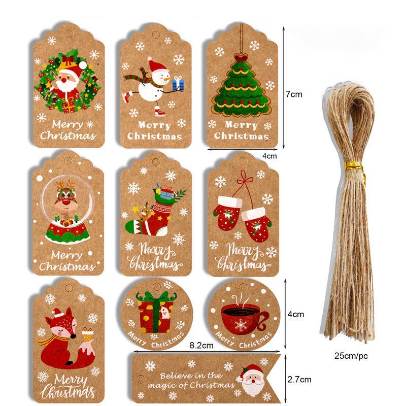Christmas holidays bags gifts tags jute rope, set of 10