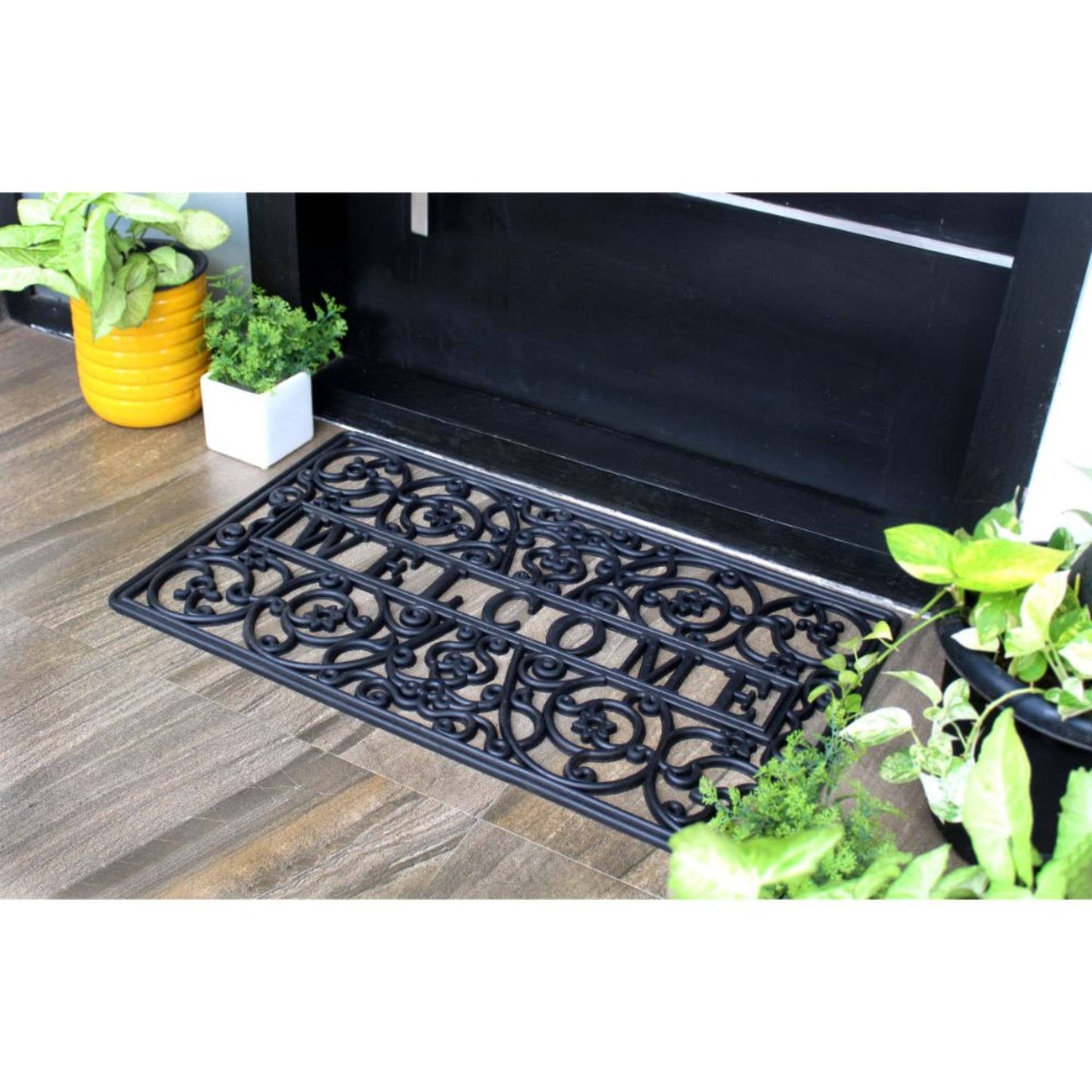 Moulded Scroll Welcome Rubber Doormat, 18" x 30"