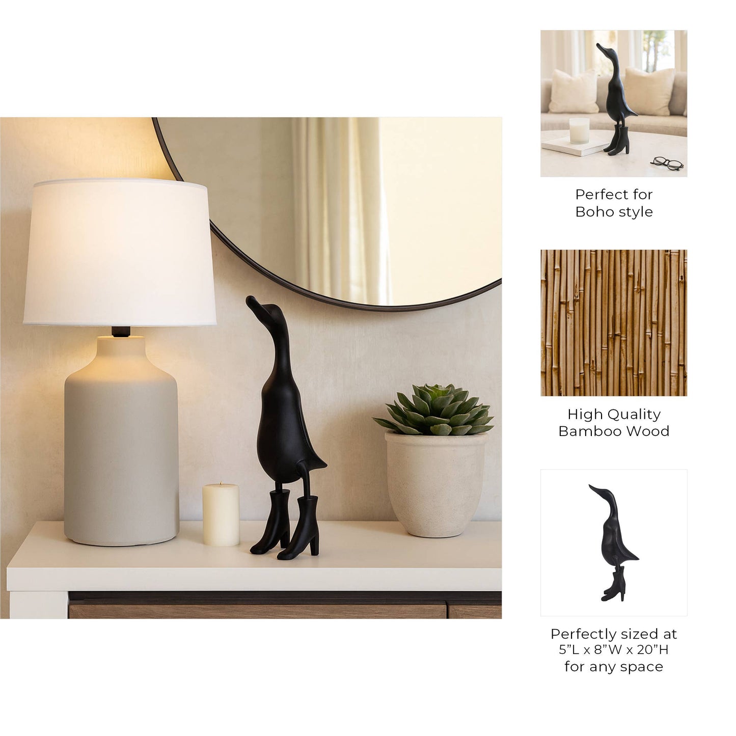 Figurine - Black Bamboo Wood Duck in Rainboots, 20 in.