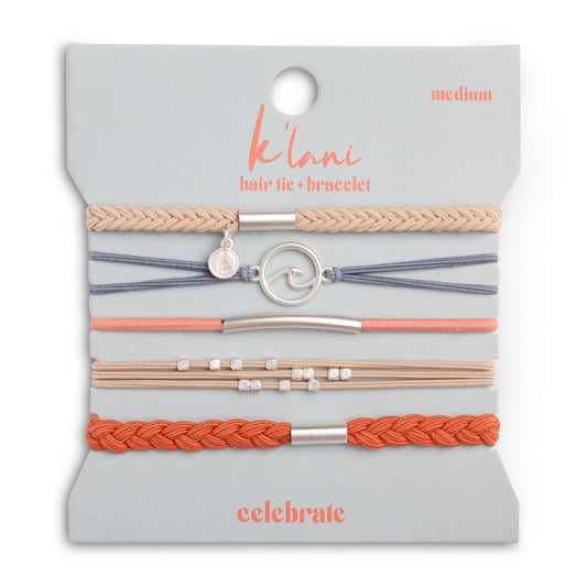 "Celebrate" Blues and Corals With Silver Wave Charm Hair Tie Bracelets