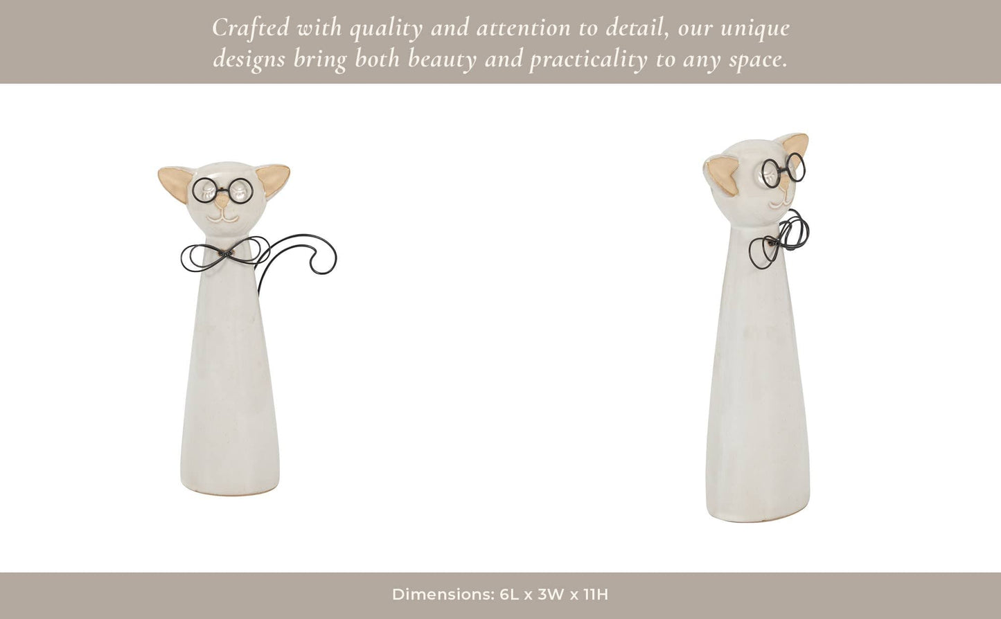 Ceramic Cat Figurine with Glasses and Bow - White, 11 in.