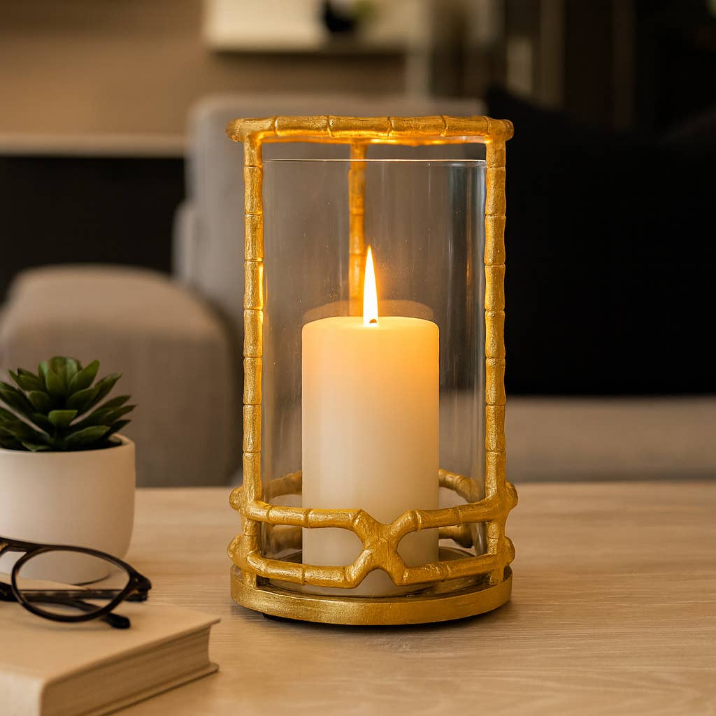 Hurricane Candle Holder - Gold Metal Cylinder Modern, 9 in.