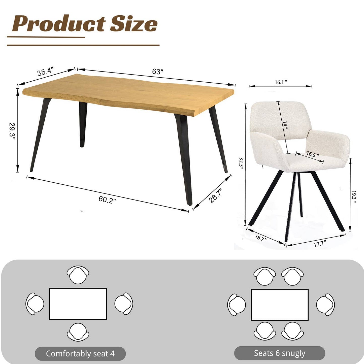 5-Piece Dining Set-63" Wave-Edge Table and Chair Options