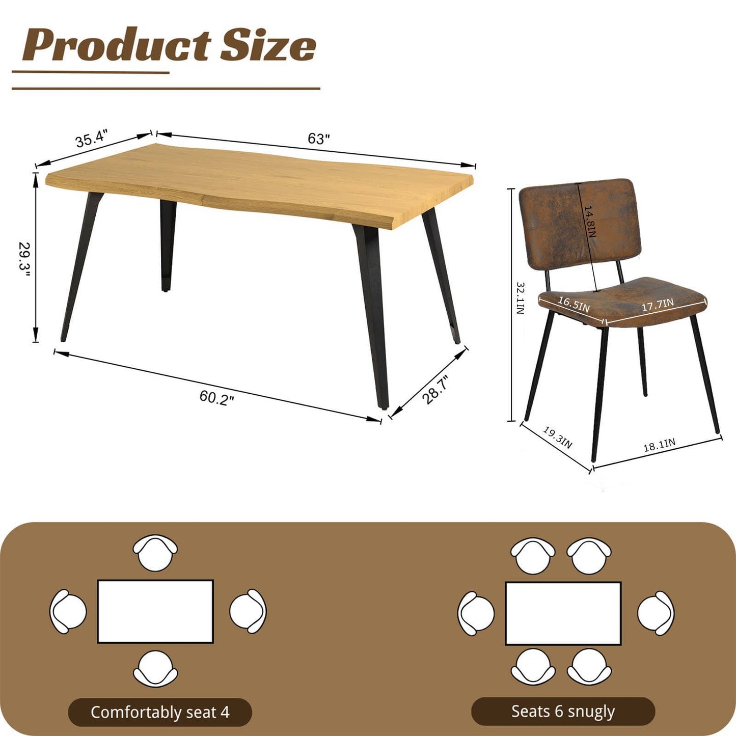 5-Piece Dining Set-63" Wave-Edge Table and Chair Options