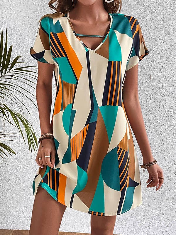 A-Line Loose Contrast Color Printed Zipper V-Neck Mini Dresses