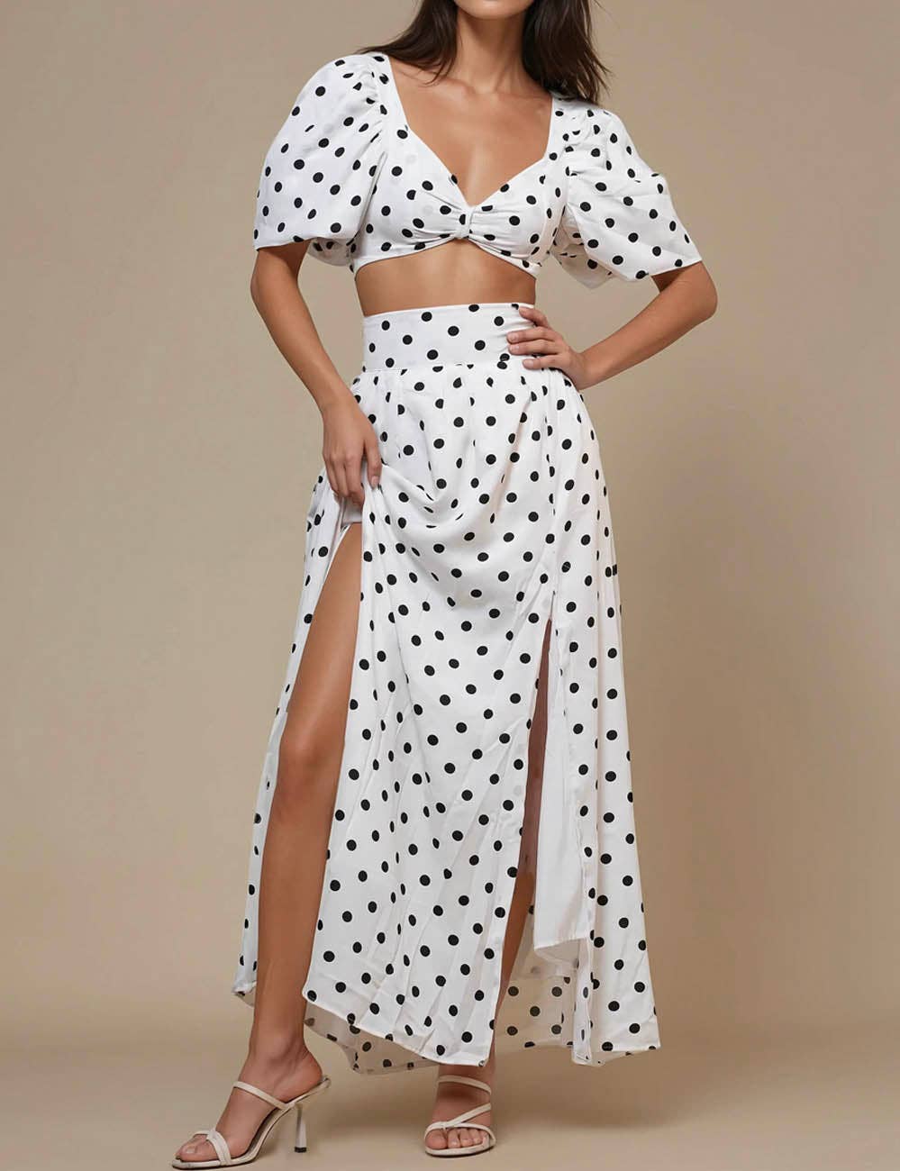 Ladies Polka Dot Crop Top Midi Skirt 2PCS Set