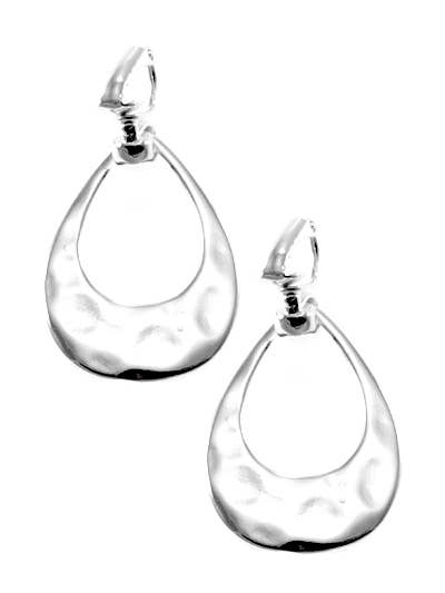 FR5575 All Silver Hammered Teardrop Clip Earrings