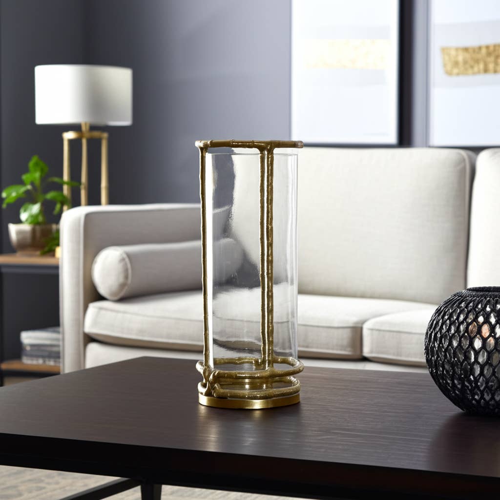 Metal Glass Modern Hurricane Candle Holder - Gold, 13 in.