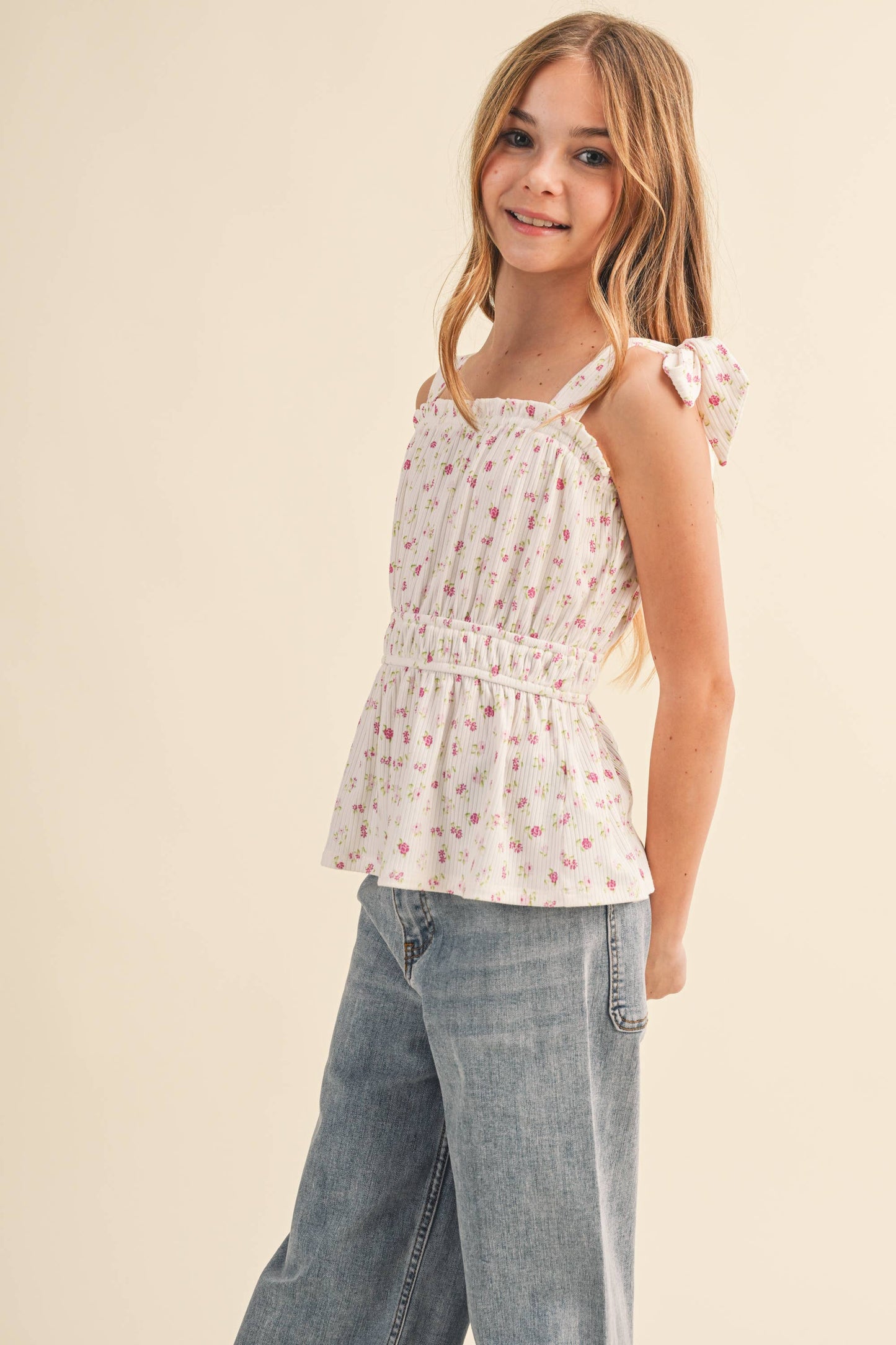 TWEEN KIDS GIRLS BOW SHOULDER PEPLUM TOP (7-14)