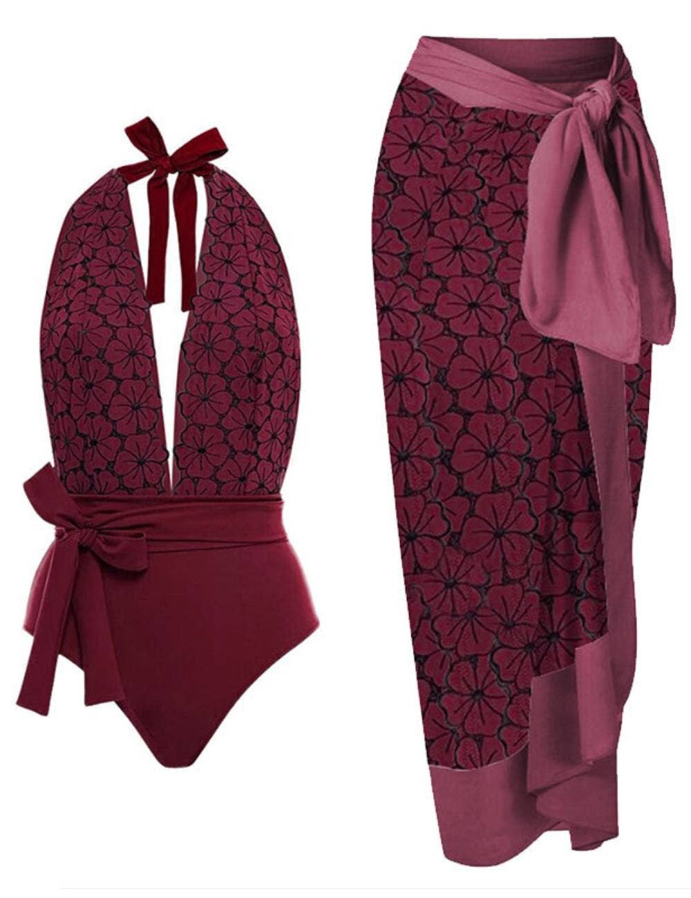 Flower Print Halter Swimwear with Cover