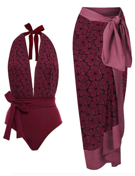 Flower Print Halter Swimwear with Cover