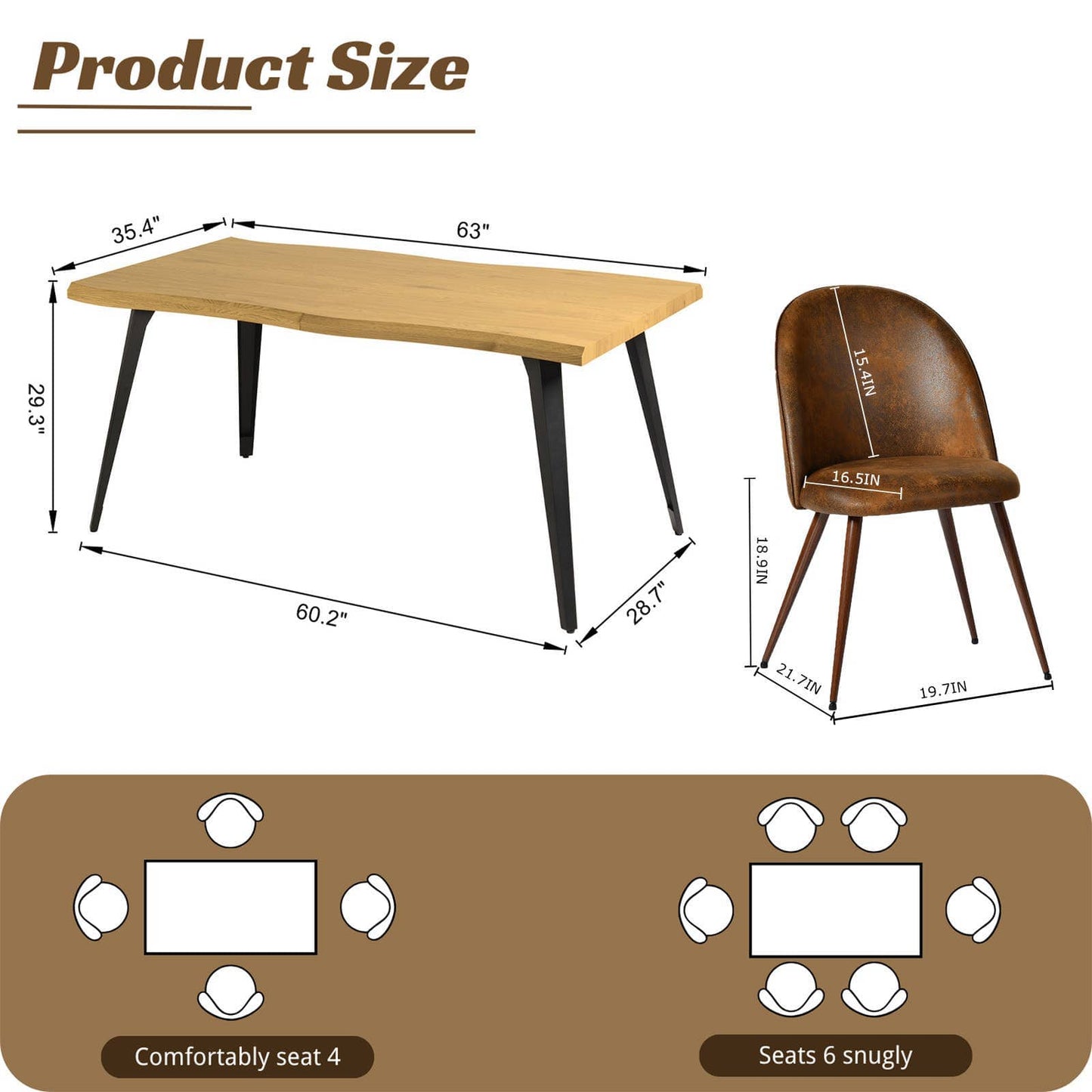 5-Piece Dining Set-63" Wave-Edge Table and Chair Options